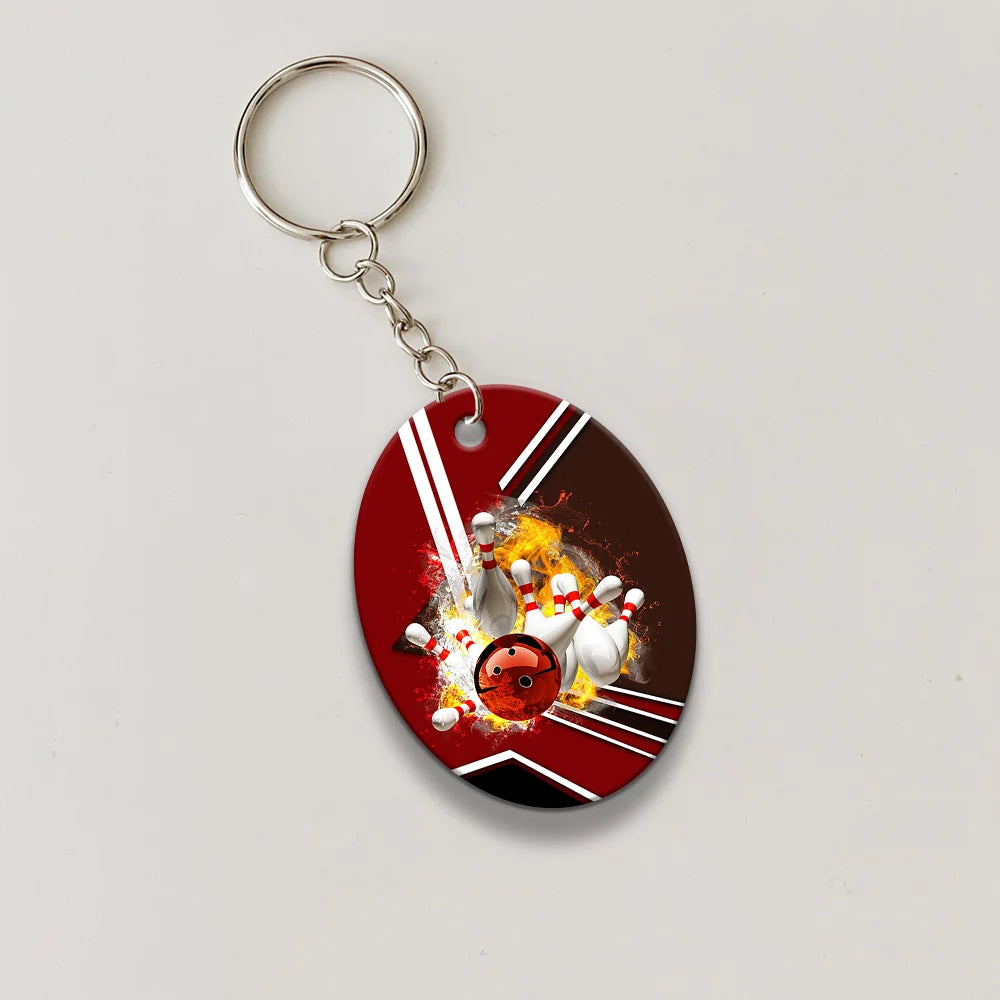 Red Bowling Ball On Fire Crashing Pins Keychain ORN0187