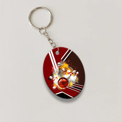 Red Bowling Ball On Fire Crashing Pins Keychain ORN0187