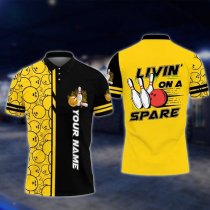 Livin' On A Spare Custom Blue Black Mens Bowling Polo Shirt, Custom Funny Bowling Shirts BO0422 BOW0253