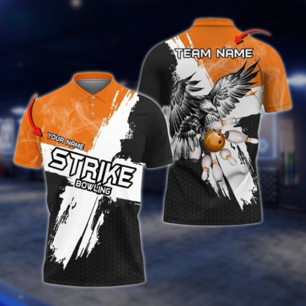 Ealge Strike Custom Black And White Bowling Mens Polo Shirts, Custom Eagle Bowling Team Shirts BO0412 BOW0256