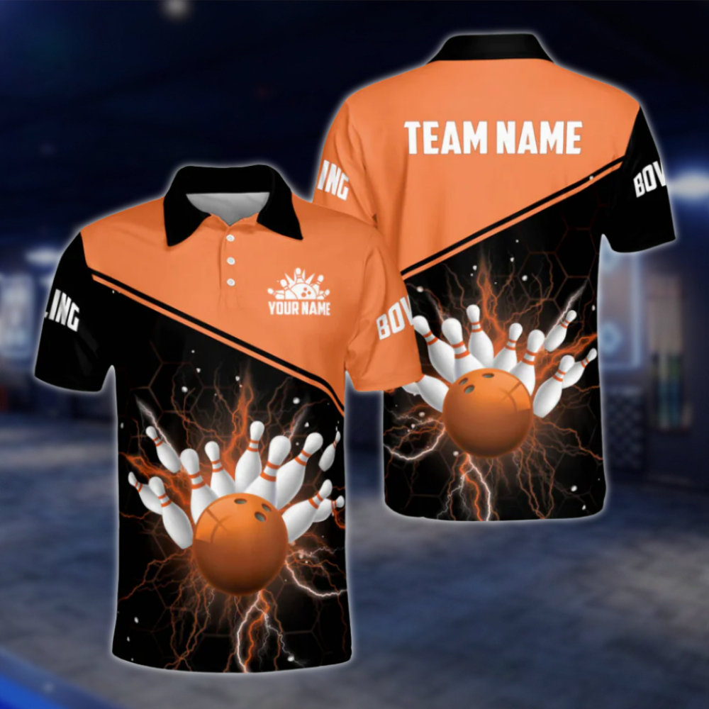 Custom Black Red Thunder Polo Bowling Team Shirts Men, Custom Bowling Shirts Team BM0300 BOW0469