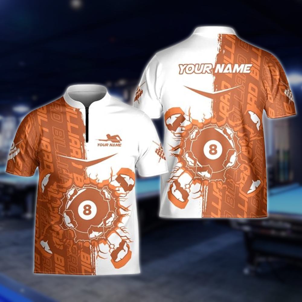 Custom Billiard Jersey Team Shirts, Custom White Blue Break 8 Ball Billiards Team Shirts BLD0293