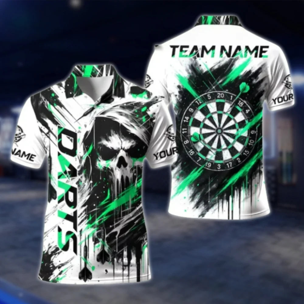 Custom Skeleton Black And White Dart Mens Polo Shirt, Custom Skull Dart Team Shirt DAT0468