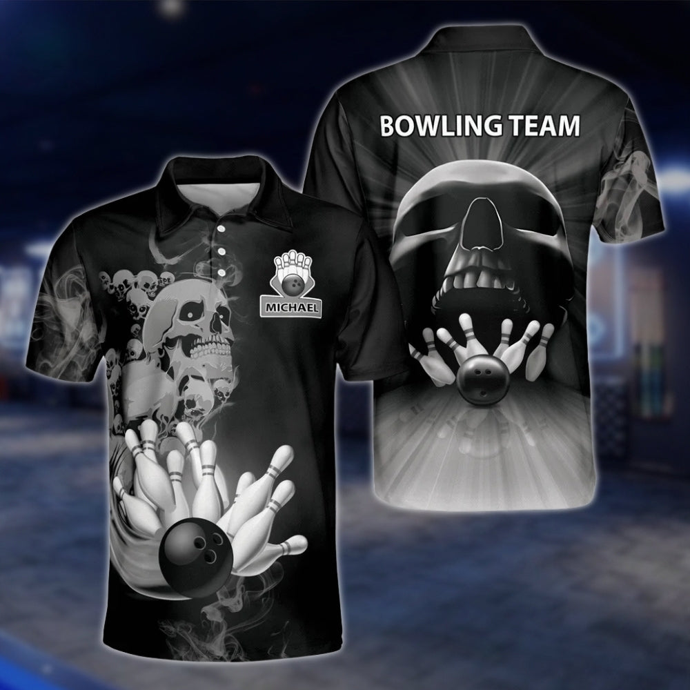 Custom Skeleton Fire Mens Bowling Polo Shirt, Custom Skull Bowling Team Shirts BZ0189 BOW0488