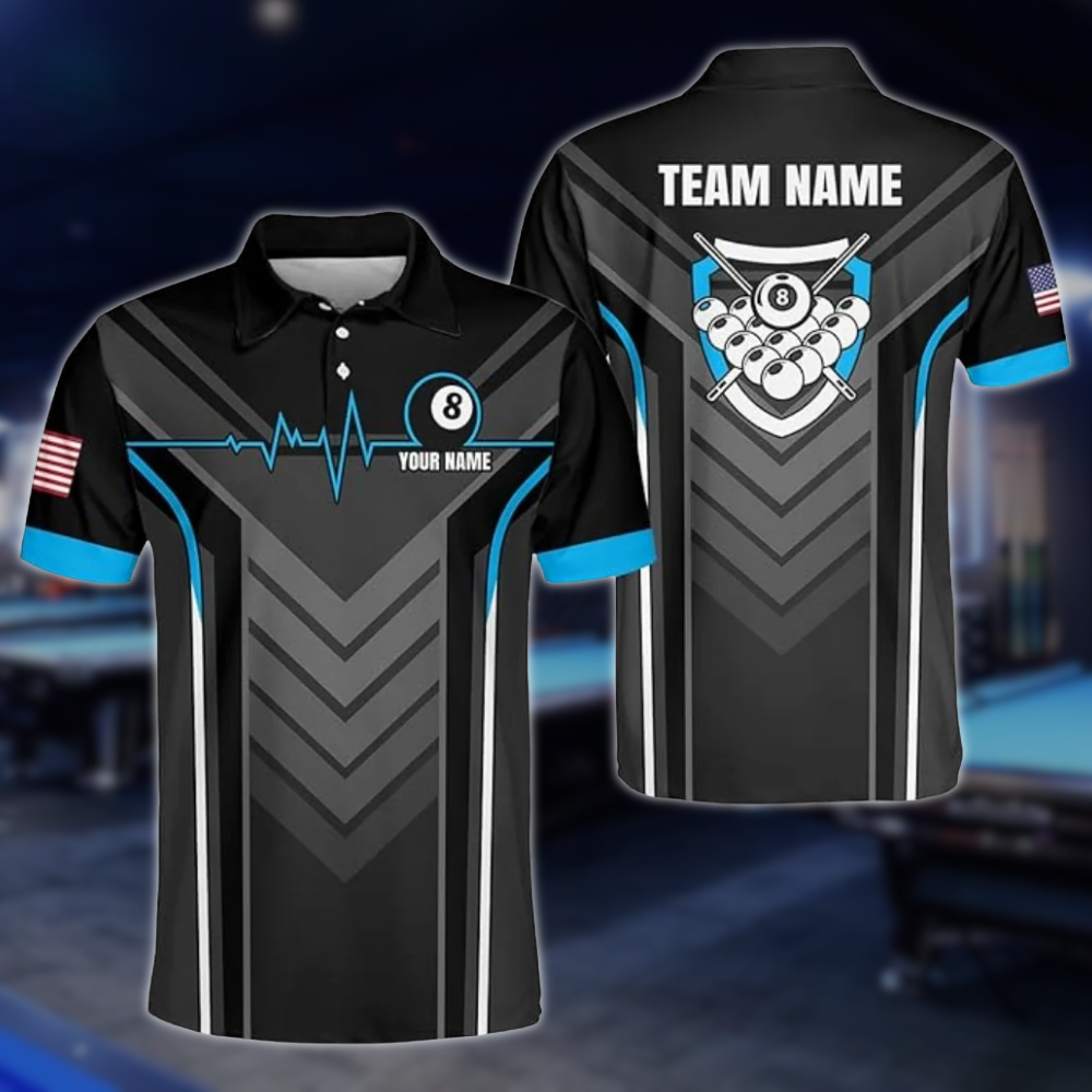 Custom Team 8 Ball Black Billiard Polo Shirt For Mens, Custom Pool Billiard Shirts BLD0178