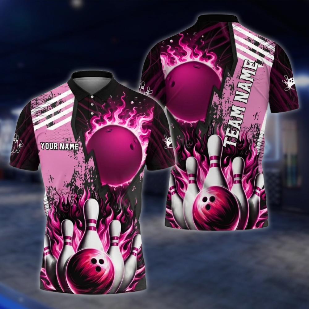 Personalized Fire Ball Red Bowling Polo Shirt For Men, Custom Team Flame Bowling Shirts BZ0812 BOW0144