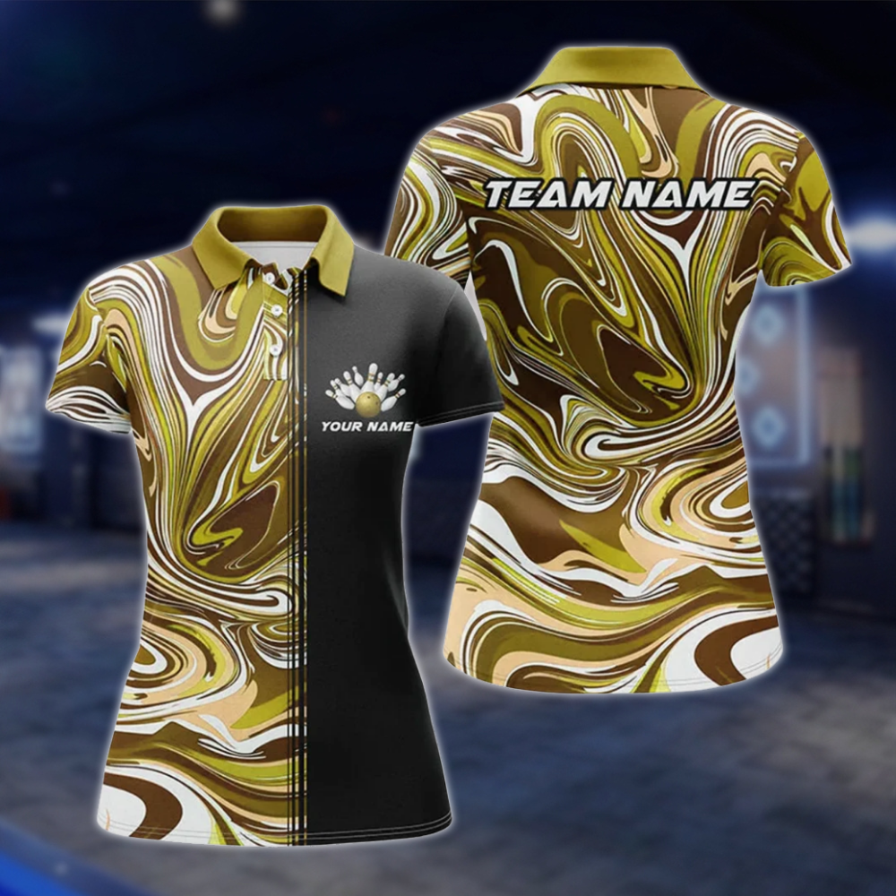 Personalized Marble Purple Black Women's Bowling Polo Shirt, Custom Team Bowling Shirt Ladies BZ0766 BOW0142