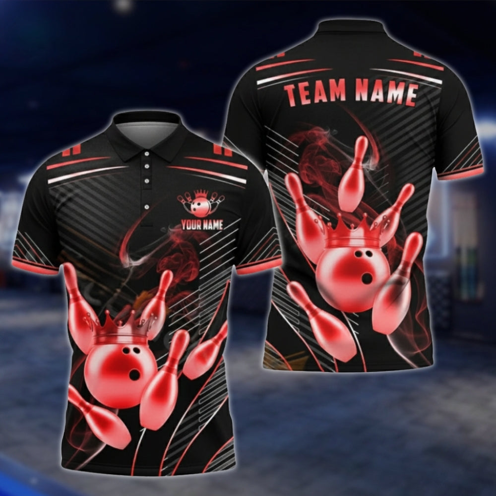 Golden Pins And Ball Custom Team Bowling Polo Shirt For Men, Custom Black Gold Bowling Team Shirts BA0007 BOW0479