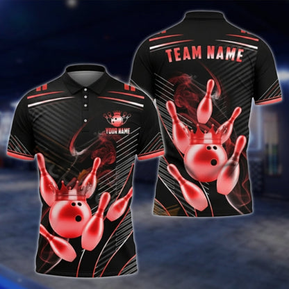 Golden Pins And Ball Custom Team Bowling Polo Shirt For Men, Custom Black Gold Bowling Team Shirts BA0007 BOW0479