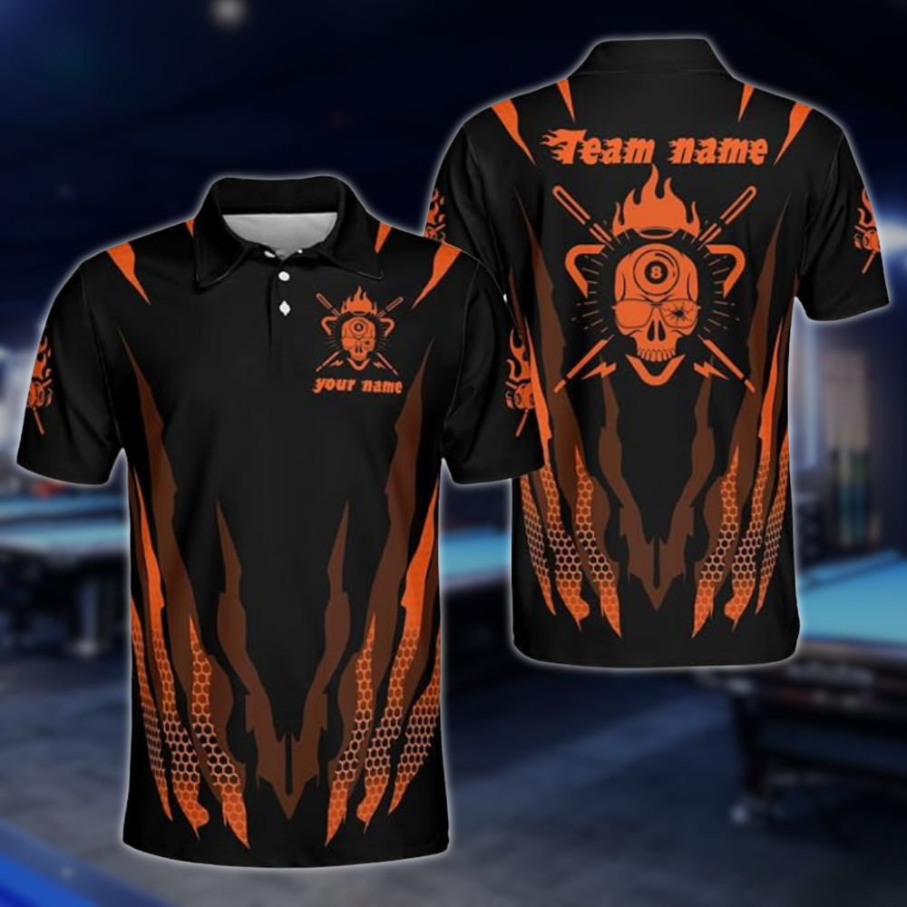 Red And Black Custom Grunge Skull Billiard Polo Shirts For Men, Custom Skull Billiard Team Shirts BLD0225