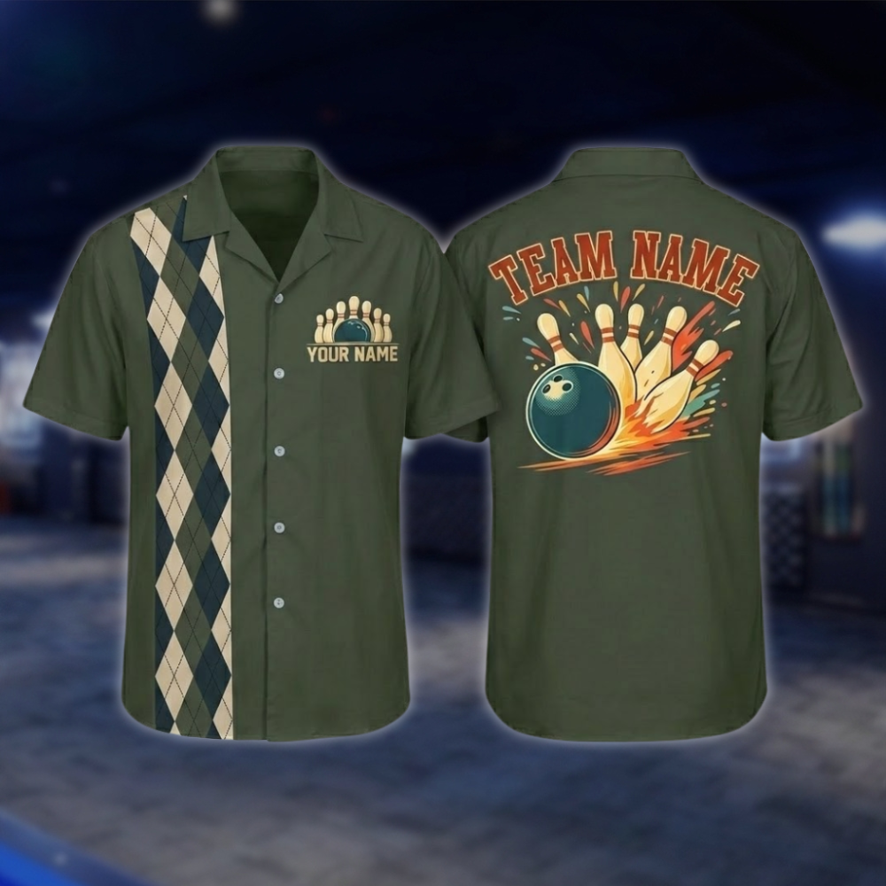 Personalized Argyle Navy Retro Bowling Hawaiian Shirt For Men, Custom Retro Bowling Shirt For Team BZ0797 BOW0152