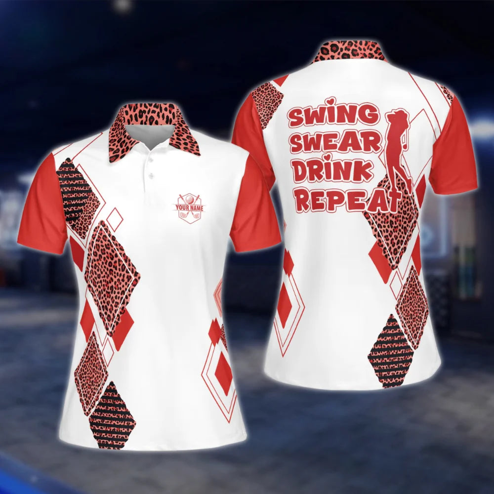 Personalized Swing Swear Drink Repeat Women's Pink Leopard Golf Polo Shirt, Custom Funny Golf Shirt For Ladies GOF0017