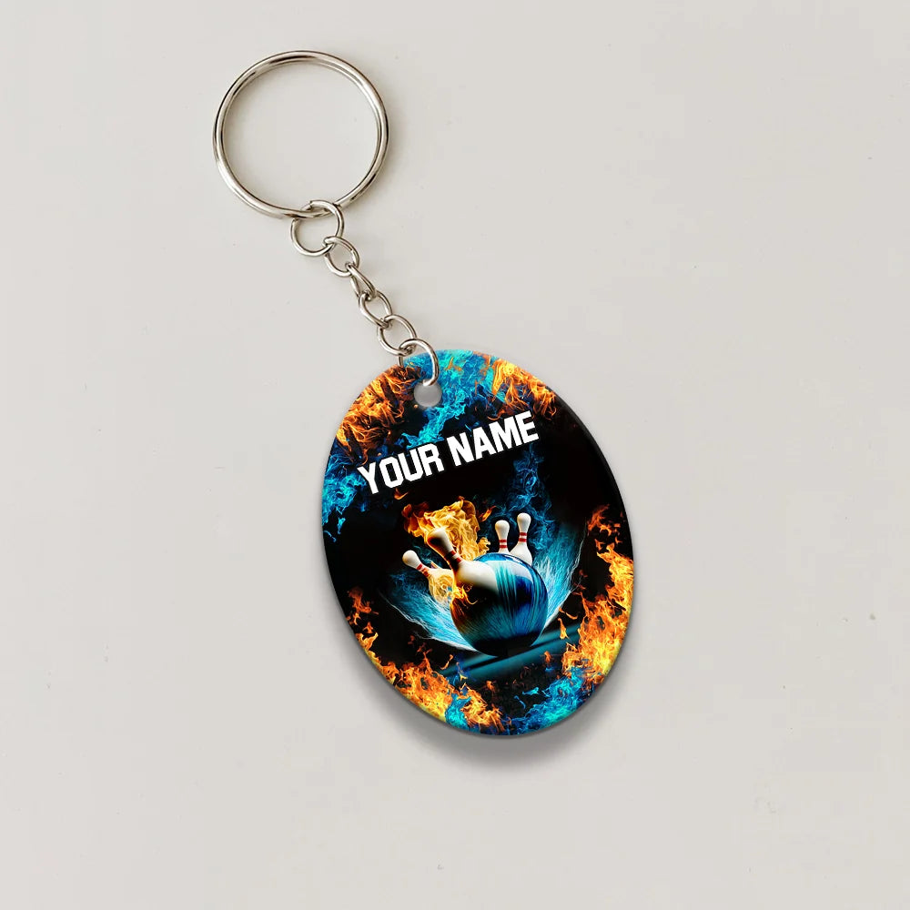 Blue Bowling Ball And Pins On Fire Personalized Name 3D Keychain ORN0178