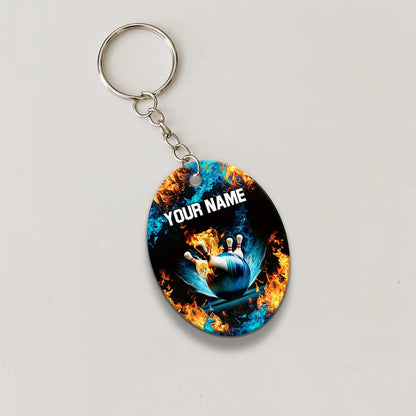 Blue Bowling Ball And Pins On Fire Personalized Name 3D Keychain ORN0178