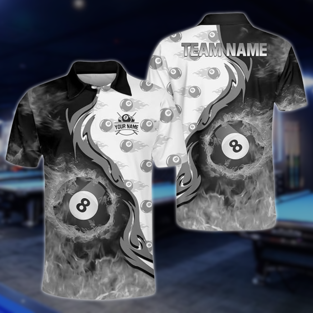 Custom Flame 8 Ball Billiard Men Polo Shirts, Custom Flame Billiard Shirts For Team BLD0253