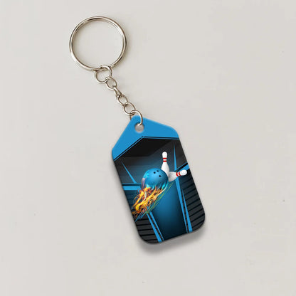 The Blue Bowling Ball in Flames Breaks White Skittles Personalized Name 3D Keychain ORN0166