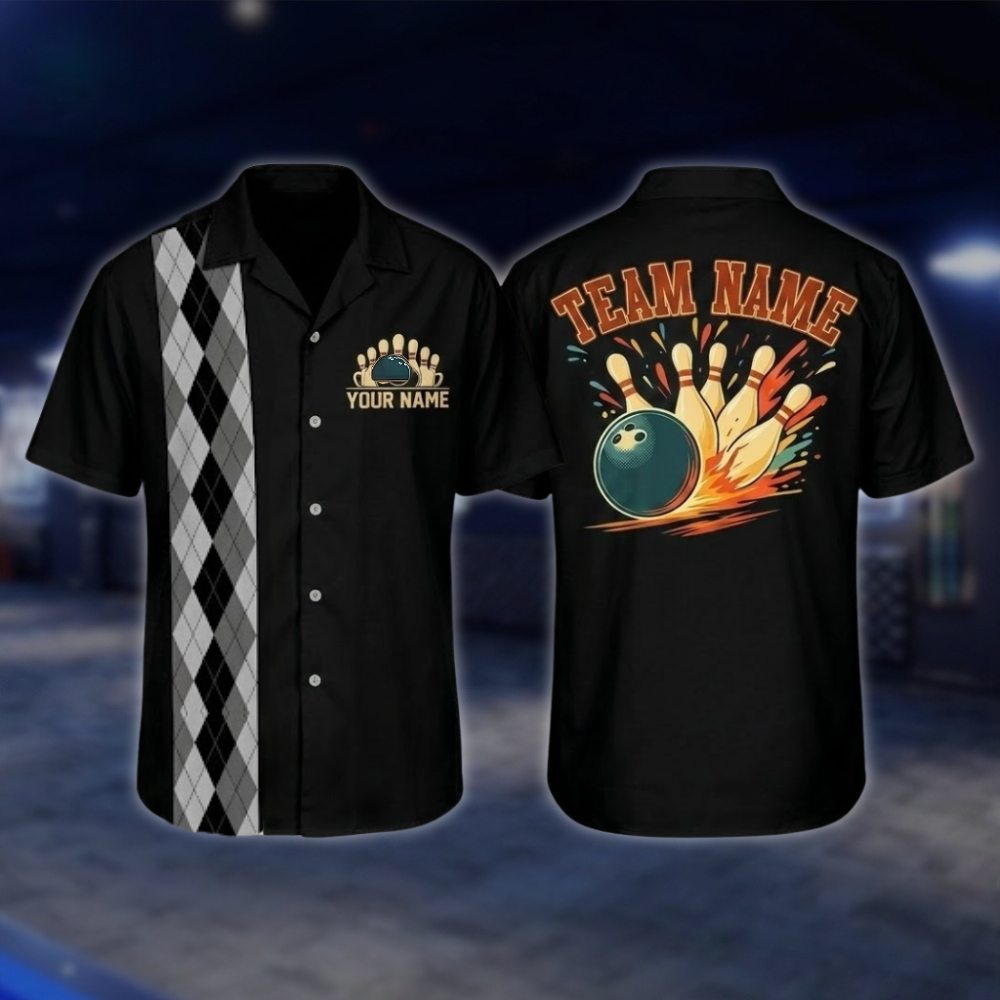 Personalized Argyle Navy Retro Bowling Hawaiian Shirt For Men, Custom Retro Bowling Shirt For Team BZ0797 BOW0152