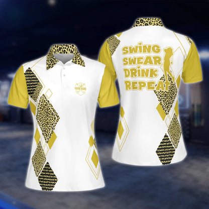 Personalized Swing Swear Drink Repeat Women's Pink Leopard Golf Polo Shirt, Custom Funny Golf Shirt For Ladies GOF0017