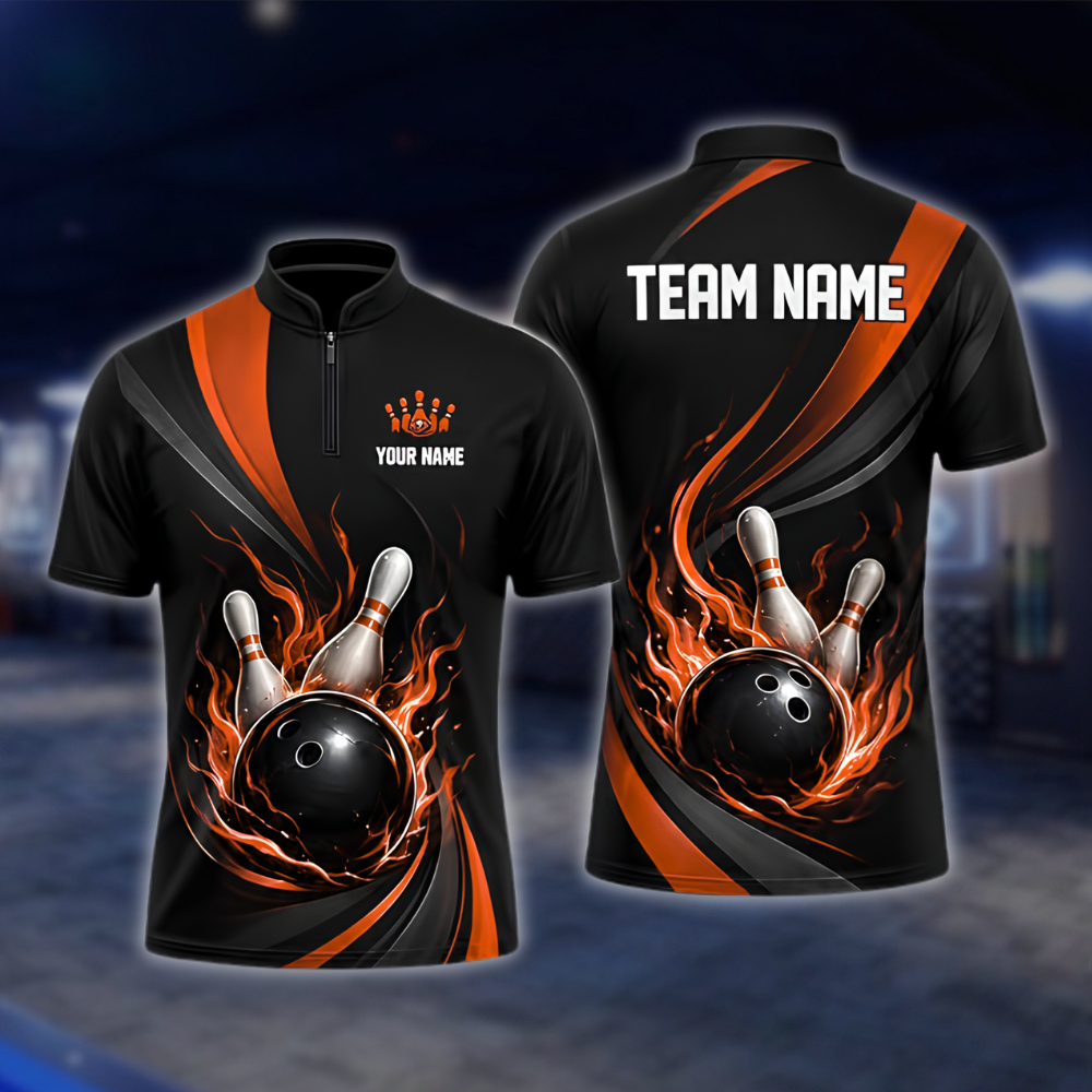 Personalized Flame Red Black Bowling Mens Jersey, Custom Flame Bowling Shirt For Team BZ0923 BOW0018