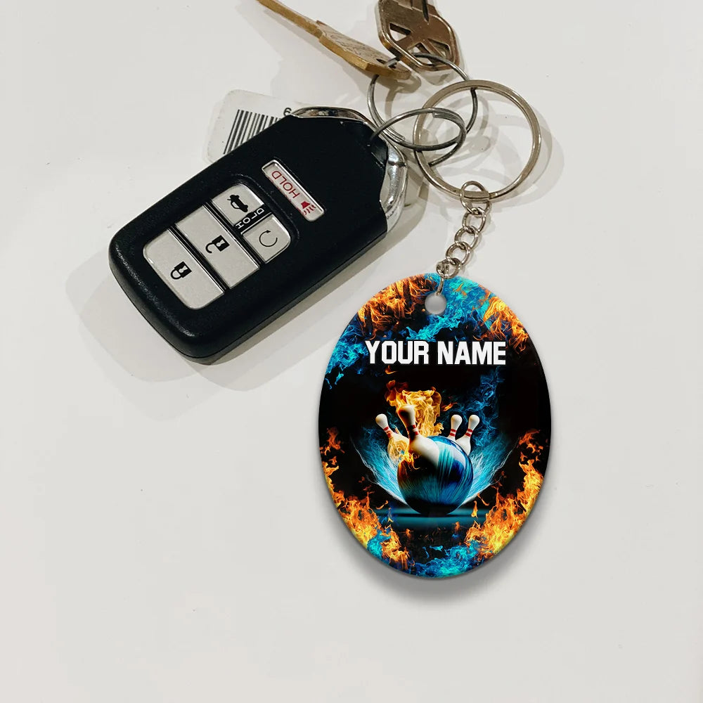 Blue Bowling Ball And Pins On Fire Personalized Name 3D Keychain ORN0178