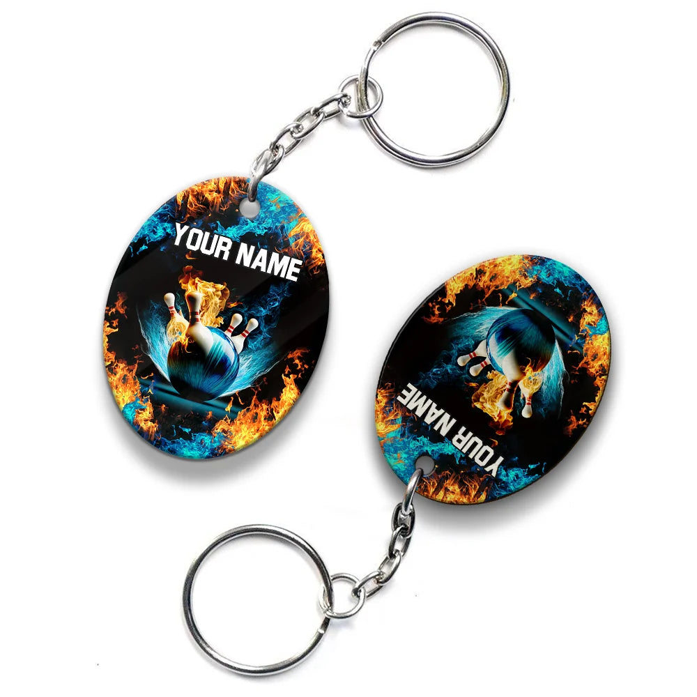 Blue Bowling Ball And Pins On Fire Personalized Name 3D Keychain ORN0178