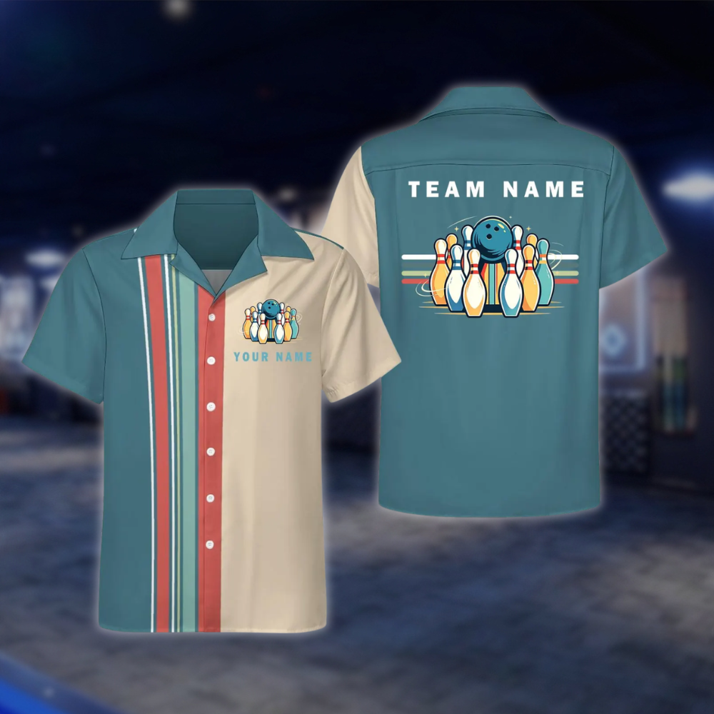 Personalized Retro Black Beige Bowling Hawaiian Shirt, Custom Retro Team Bowling Shirt BE0251 BOW0031