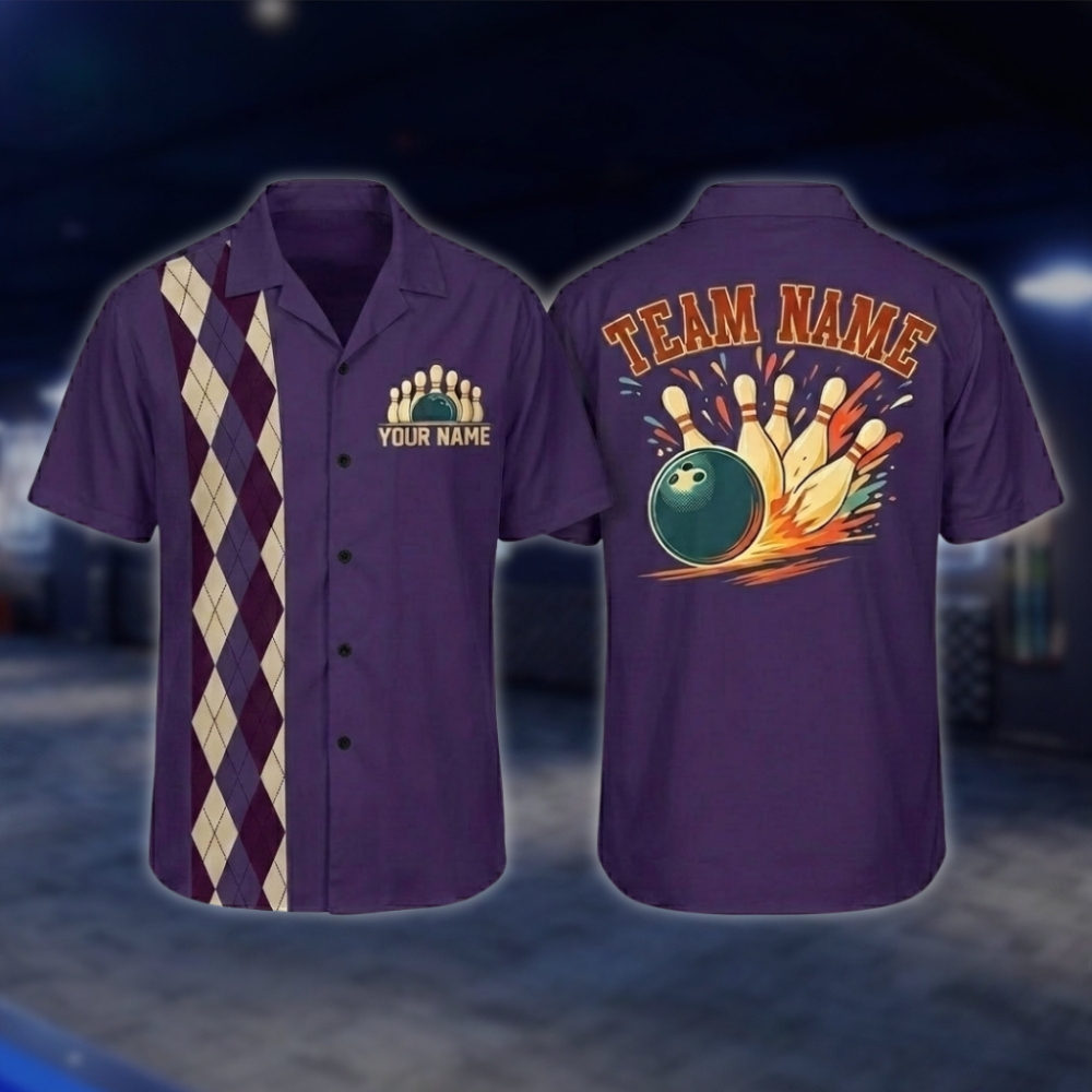 Personalized Argyle Navy Retro Bowling Hawaiian Shirt For Men, Custom Retro Bowling Shirt For Team BZ0797 BOW0152