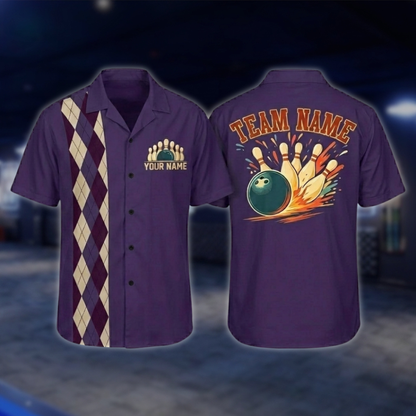 Personalized Argyle Navy Retro Bowling Hawaiian Shirt For Men, Custom Retro Bowling Shirt For Team BZ0797 BOW0152
