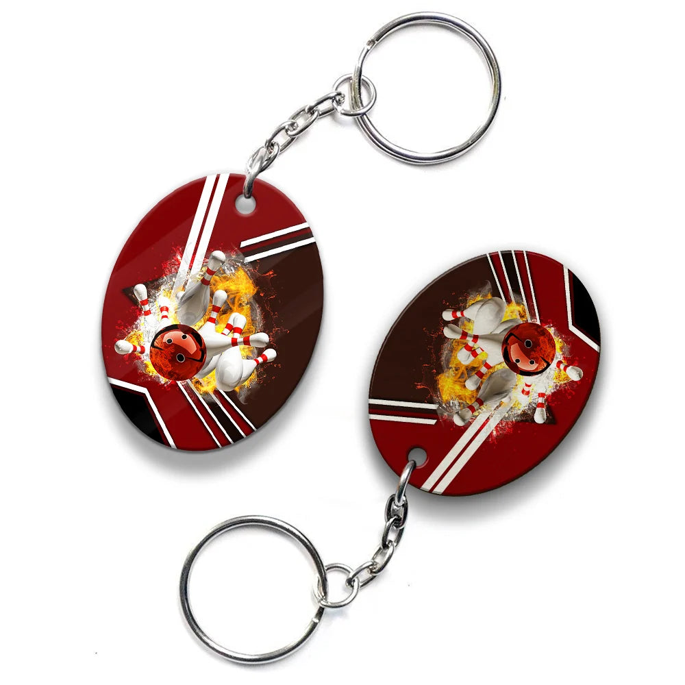 Red Bowling Ball On Fire Crashing Pins Keychain ORN0187