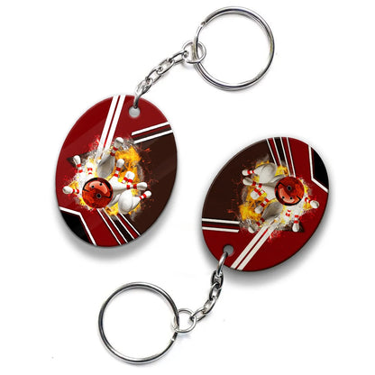 Red Bowling Ball On Fire Crashing Pins Keychain ORN0187