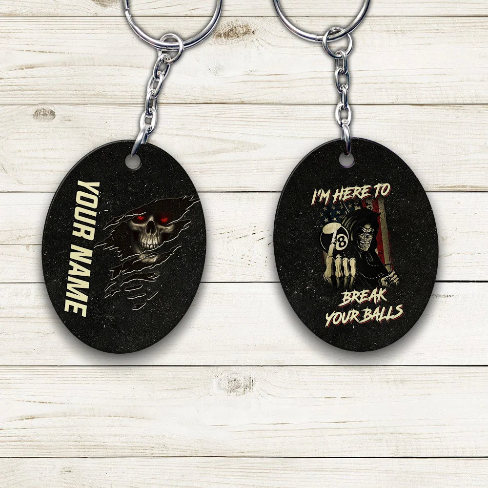 Skull Pool 8 Ball I'm Here To Break Your Balls Personalized Name Keychain Gift For Billiard Players ORN0200