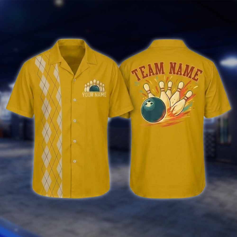 Personalized Argyle Navy Retro Bowling Hawaiian Shirt For Men, Custom Retro Bowling Shirt For Team BZ0797 BOW0152