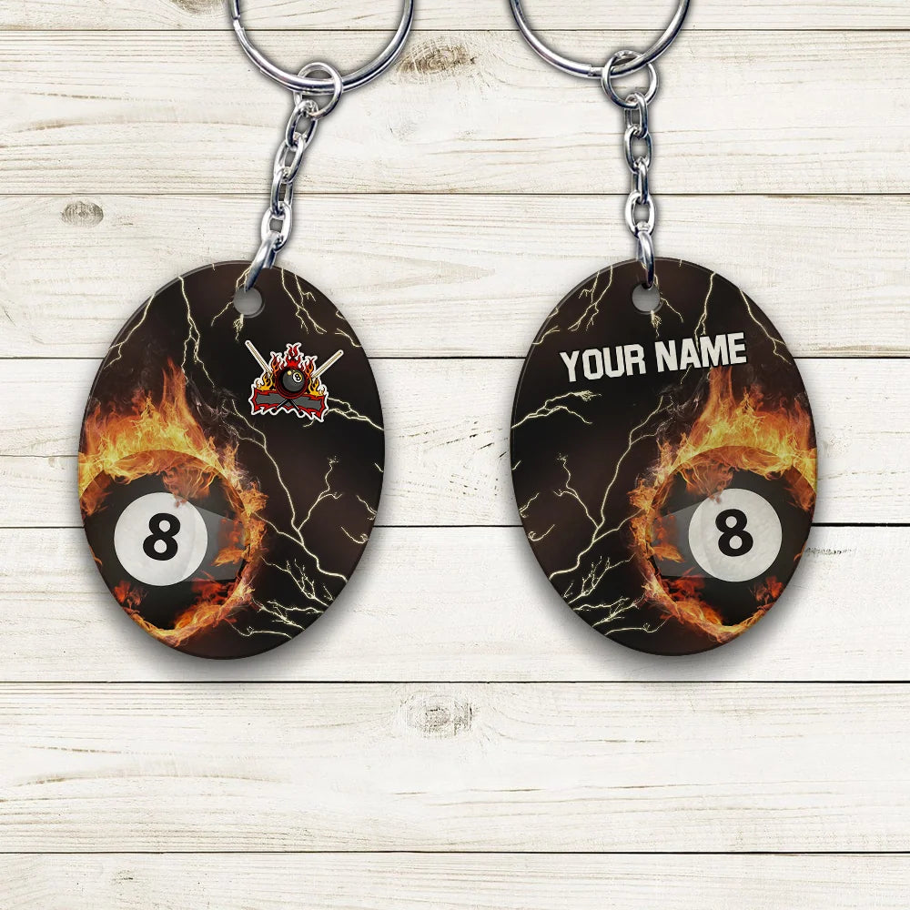 Billiard 8 Ball Thunder Fire Flame Personalized Name 3D Keychain Gift For Billiard Players ORN0177