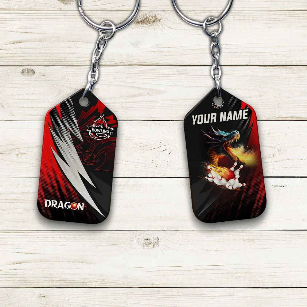 Dragon Team Red Bowling Ball On Fire Personalized Name 3D Keychain ORN0164