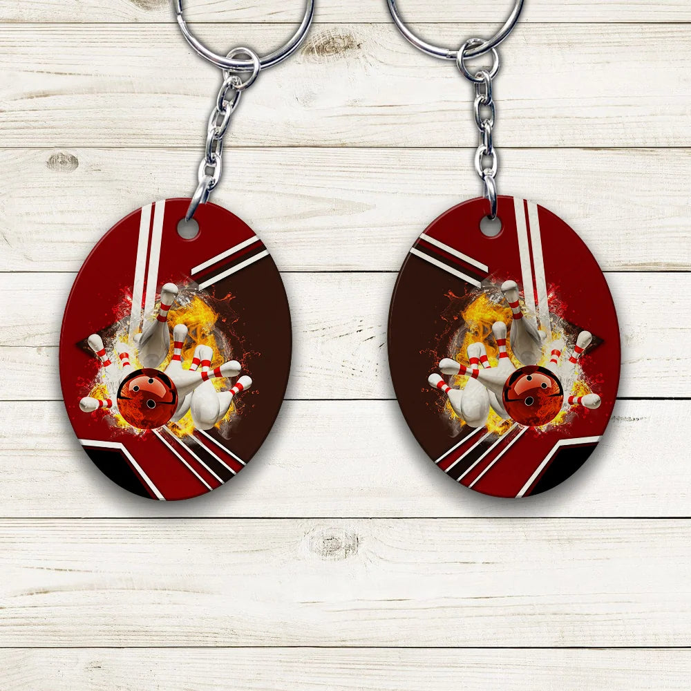 Red Bowling Ball On Fire Crashing Pins Keychain ORN0187