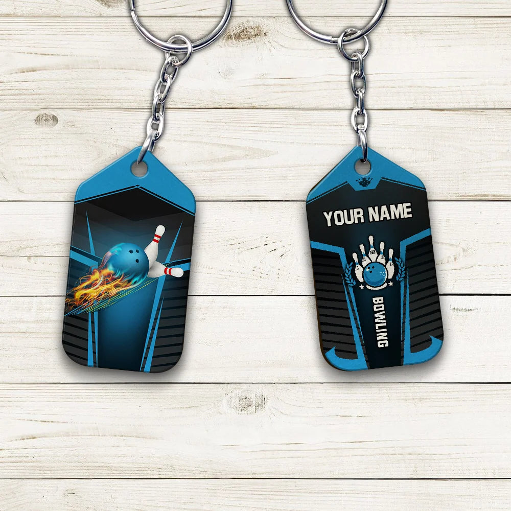 The Blue Bowling Ball in Flames Breaks White Skittles Personalized Name 3D Keychain ORN0166