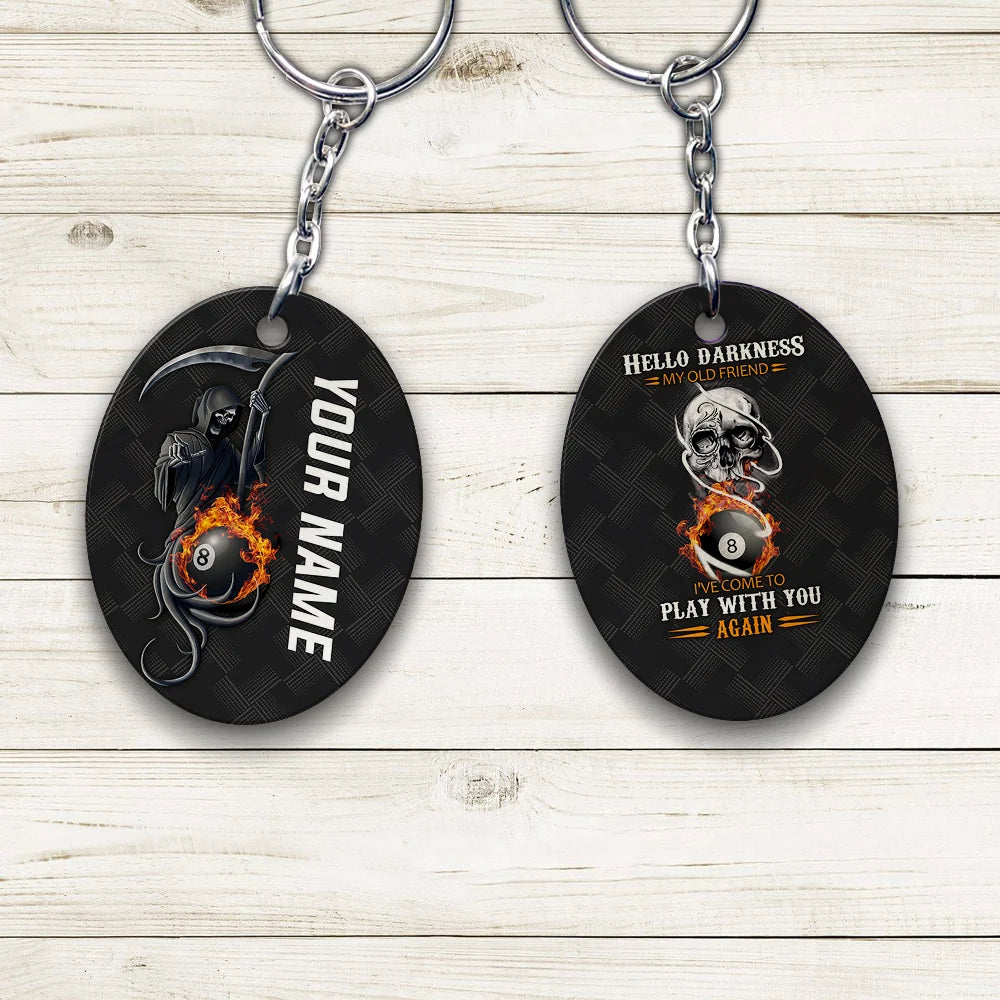 Grim Reaper Billiard Pool 8 Ball Hello Darkness My Old Friend Personalized Name Keychain Gift For Billiard Players ORN0210
