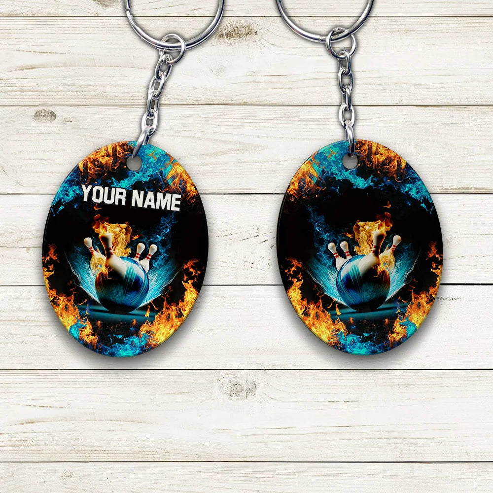 Blue Bowling Ball And Pins On Fire Personalized Name 3D Keychain ORN0178
