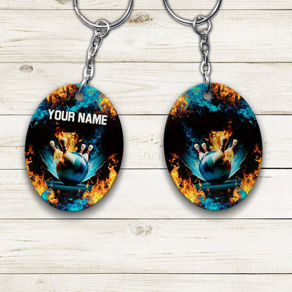 Blue Bowling Ball And Pins On Fire Personalized Name 3D Keychain ORN0178
