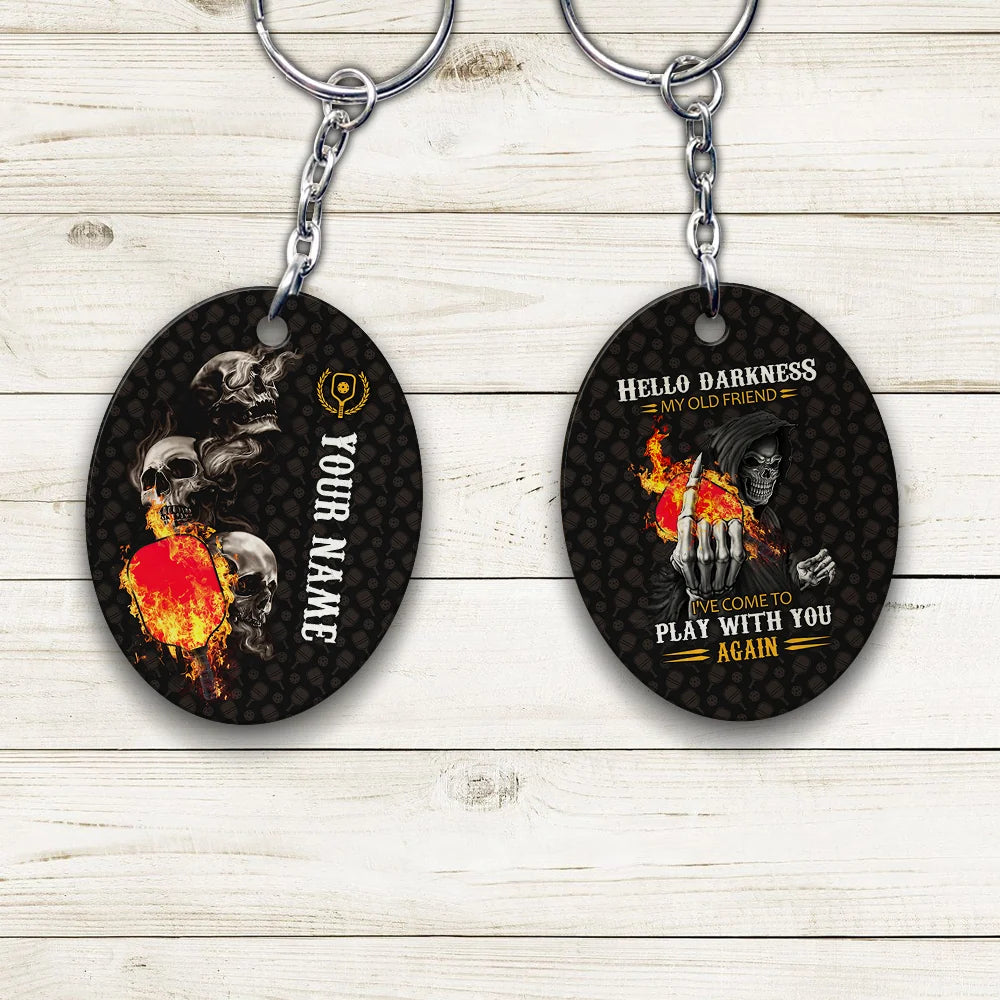 Pickleball Skull Hello Darkness My Old Friend Personalized Name 3D Keychain Gift For Pickleball Player ORN0199
