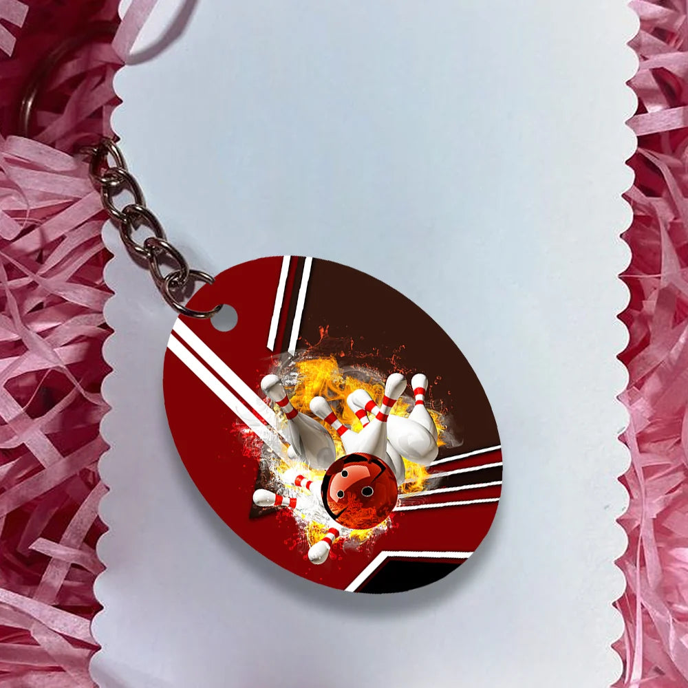 Red Bowling Ball On Fire Crashing Pins Keychain ORN0187