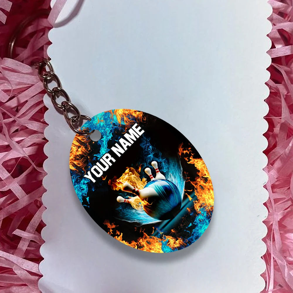 Blue Bowling Ball And Pins On Fire Personalized Name 3D Keychain ORN0178