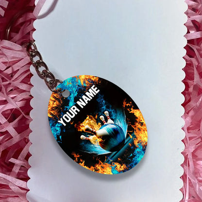 Blue Bowling Ball And Pins On Fire Personalized Name 3D Keychain ORN0178