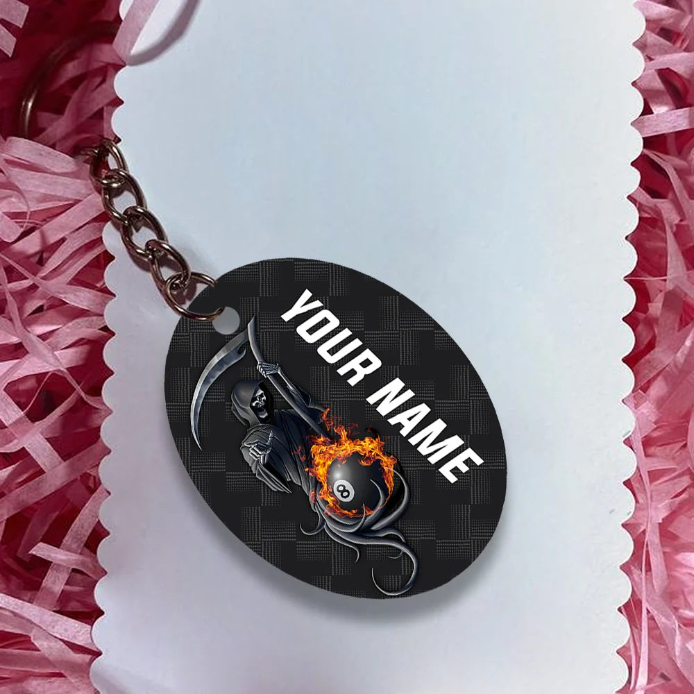 Grim Reaper Billiard Pool 8 Ball Hello Darkness My Old Friend Personalized Name Keychain Gift For Billiard Players ORN0210