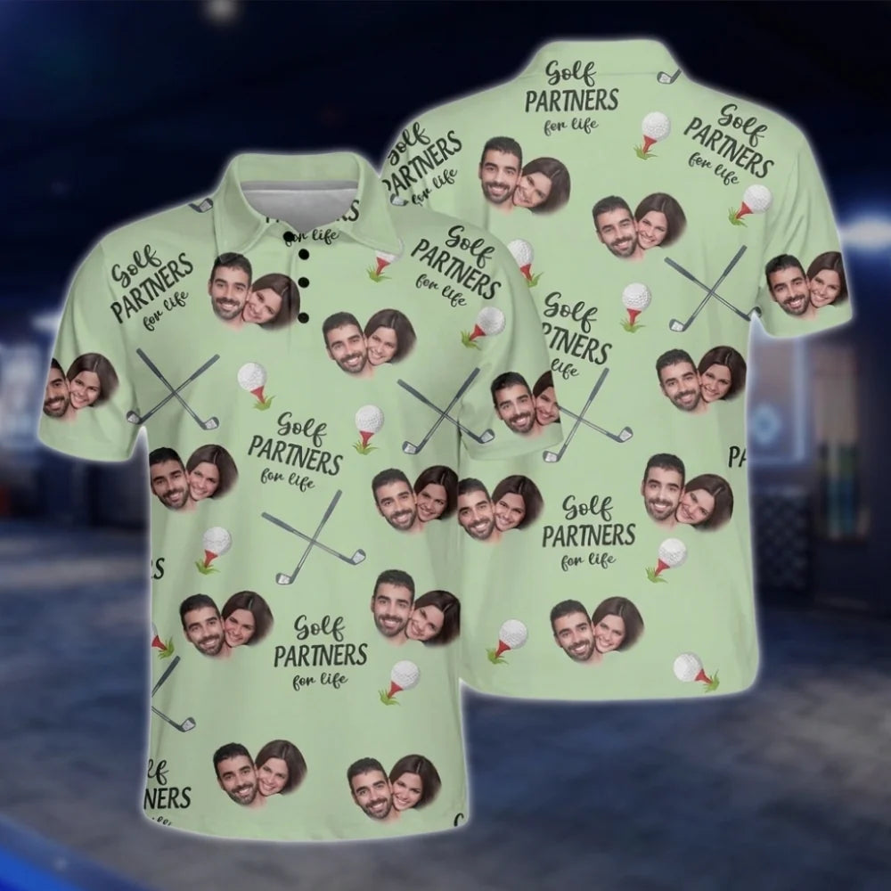 Custom Face Golf Partners For Life Golf Polo Shirts For Men, Custom Photo Couple Golf Shirts GOF0253